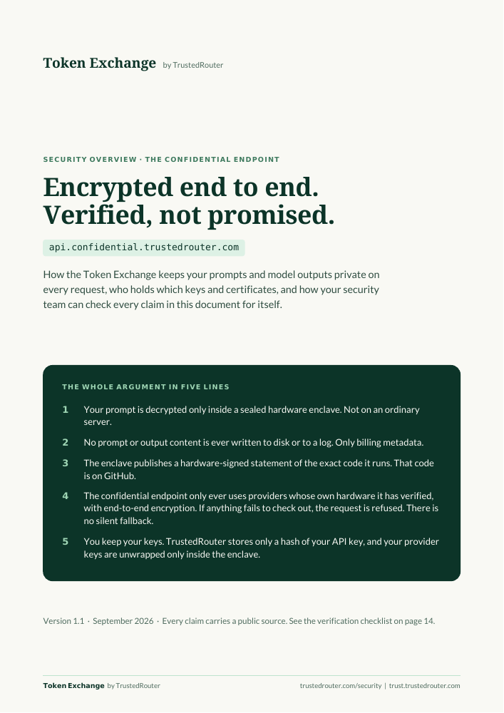 Cover of the TrustedRouter Security Whitepaper describing the confidential endpoint.