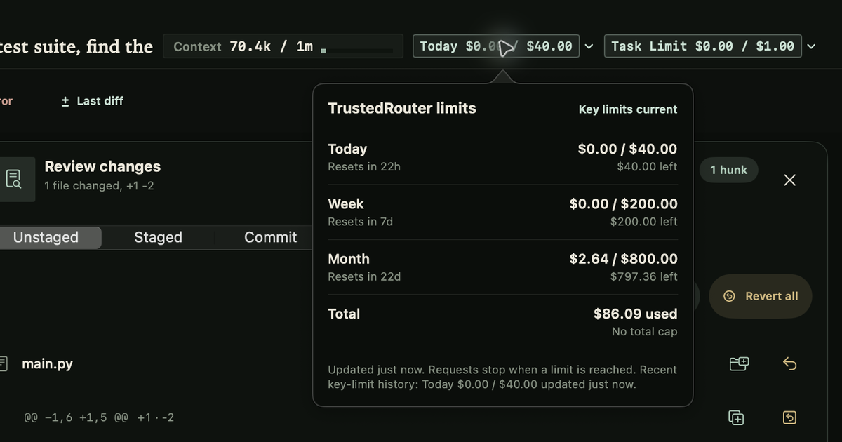 Quill Cowork with the expanded TrustedRouter cost limits panel
