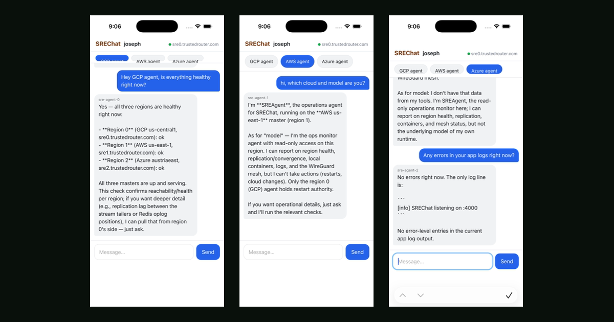 SREChat agents reporting from GCP, AWS, and Azure