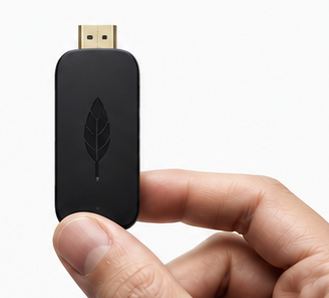Quill Feather — palm-sized device with a leaf etch